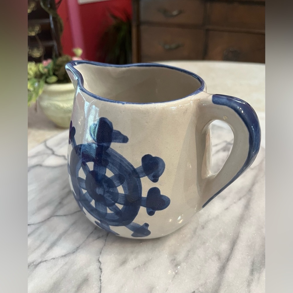 Louisville Stoneware Pottery Pitcher Blue At the Helm Steering Wheel Nautical - Picture 8 of 12